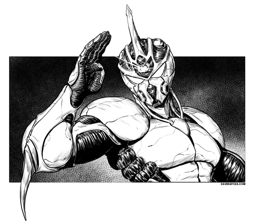 1980s_(style), 1boy, armor, border, dave_rapoza, greyscale, guyver_i, kyoushoku_soukou_guyver