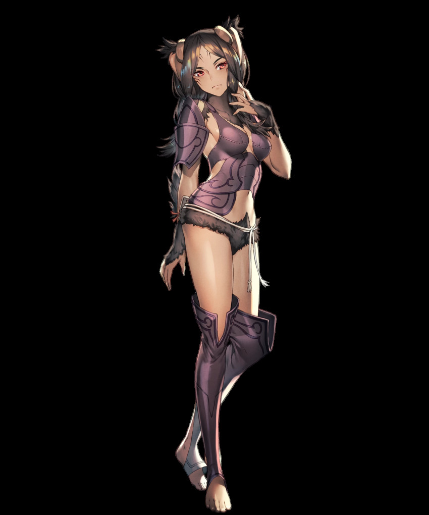1girl, animal_ears, armor, braid, brown_hair, chyko, dark-skinned_female, dark_skin, facial_mark, female_focus, fire_emblem, fire_emblem_awakening, fire_emblem_heroes, full_body, highres, long_hair, nintendo, official_art, panne_(fire_emblem), pouch, rabbit_ears, rabbit_girl, rabbit_tail, red_eyes, solo, standing, taguel, tail, toeless_legwear, transparent_background, twin_braids