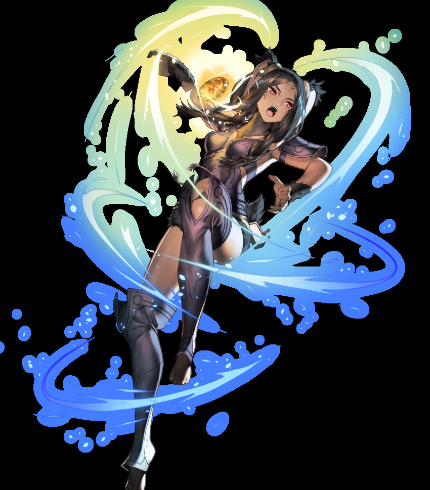 1girl, animal_ears, armor, barefoot, braid, brown_hair, chyko, dark-skinned_female