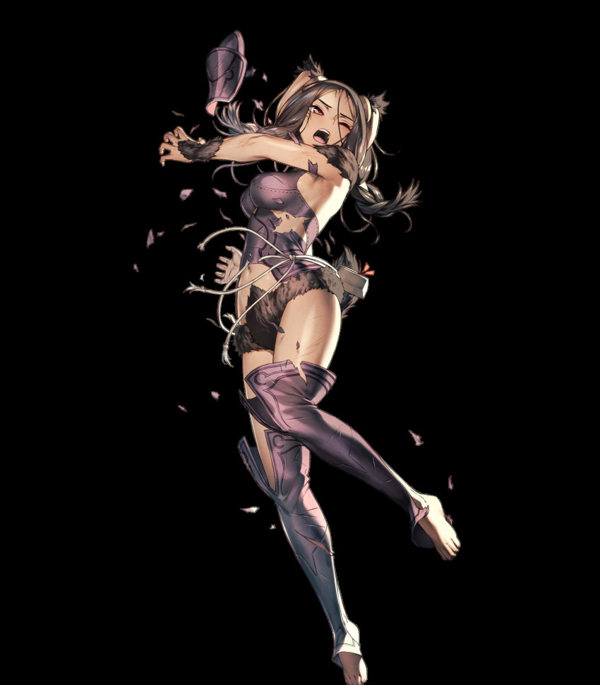 1girl, animal_ears, armor, barefoot, braid, brown_hair, chyko, dark-skinned_female