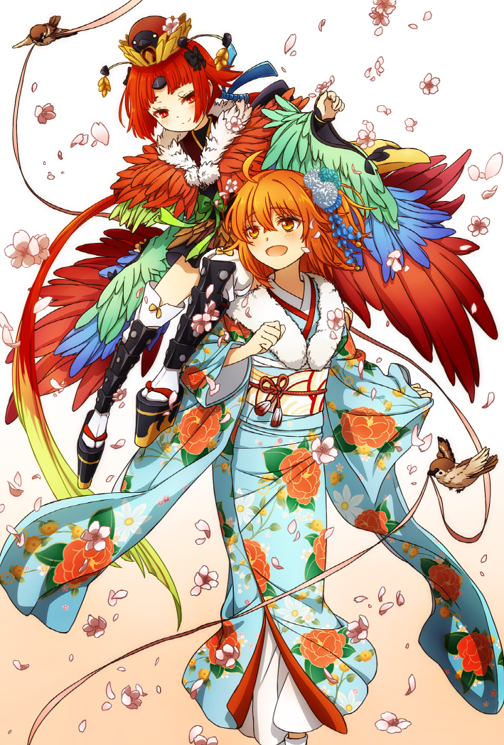 2girls, ahoge, armor, beni-enma, beni-enma_(third_ascension), bird, fate/grand_order, fate_(series)