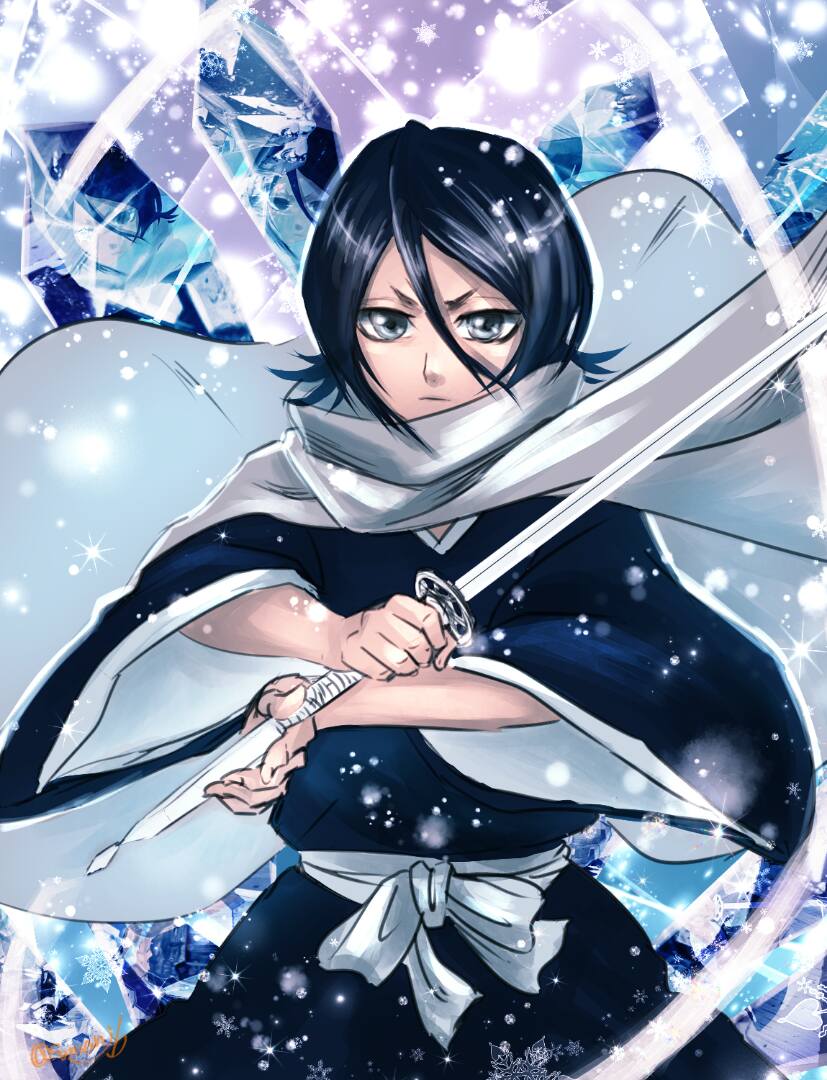 1girl, bad_id, bad_pixiv_id, black_hair, black_kimono, bleach, female_focus, grey_eyes, hair_between_eyes, holding, holding_sword, holding_weapon, japanese_clothes, katana, kimono, kuchiki_rukia, long_sleeves, looking_at_viewer, san-san_(pixiv16523866), shikai, short_hair, signature, solo, standing, sword, weapon, wide_sleeves