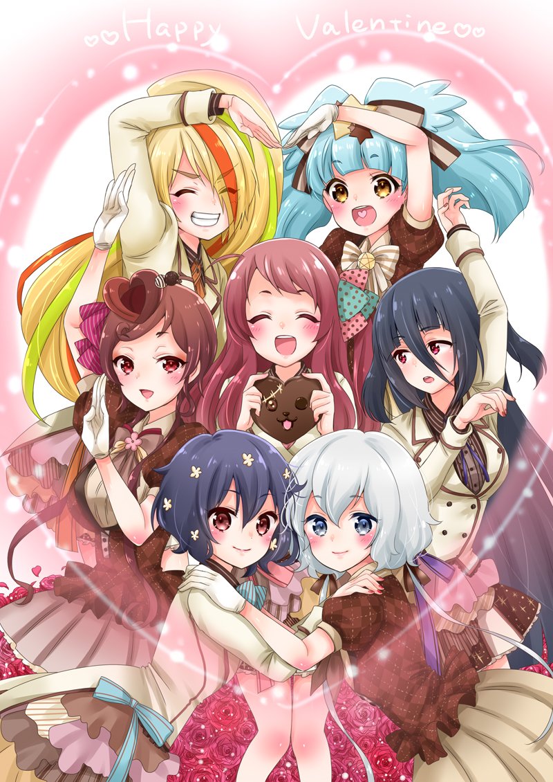 6+girls, ^_^, black_hair, blonde_hair, blue_hair, brown_hair, candy, chocolate, chocolate_heart, closed_eyes, dress, eyes_visible_through_hair, flower, food, gloves, grin, hair_flower, hair_ornament, heart, heart_arms, heart_arms_team, heart_in_mouth, hoshikawa_lily, konno_junko, minamoto_sakura, mizuno_ai, multicolored_hair, multiple_girls, nikaidou_saki, red_hair, silver_hair, smile, star_(symbol), star_hair_ornament, v-shaped_eyebrows, valentine, white_gloves, yamada_tae, yumu_mz, yuugiri_(zombie_land_saga), zombie_land_saga