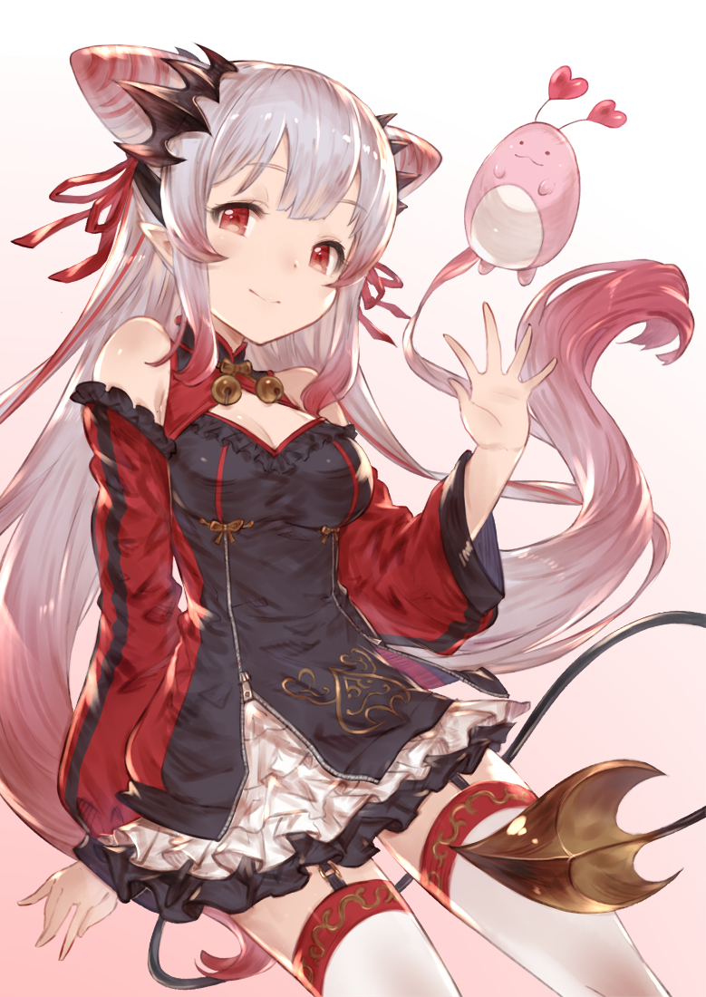 1girl, bad_id, bad_pixiv_id, bare_shoulders, bell, black_dress, black_skirt, blush, breasts, chinese_clothes, cleavage, closed_mouth, commentary, cone_hair_bun, cowboy_shot, creature, demon_girl, demon_horns, demon_tail, detached_collar, detached_sleeves, double_bun, dress, female_focus, garter_straps, gradient_background, hair_bun, hair_ribbon, hanarito, heart, horns, kanikama_(honeystrap), long_hair, long_sleeves, looking_at_viewer, medium_breasts, miniskirt, multicolored_hair, nanashi_inc., pink_background, pink_hair, pointy_ears, red_eyes, red_ribbon, ribbon, silver_hair, skirt, smile, solo, suou_patra, suou_patra_(2nd_costume), tail, thighhighs, virtual_youtuber, waving, white_skirt, white_thighhighs, zettai_ryouiki, zipper, zipper_pull_tab