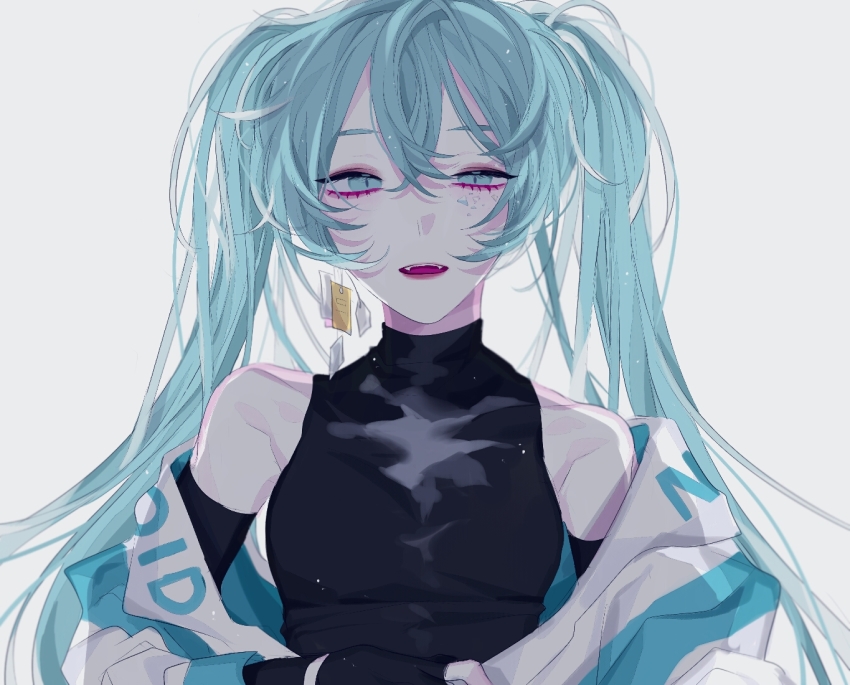 1girl, alternate_costume, bakku_(fspz4427), bare_shoulders, black_gloves, black_shirt, blue_eyes, blue_hair