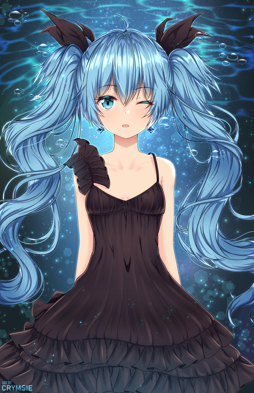 1girl, absurdres, artist_name, black_dress, black_ribbon, blue_eyes, blue_hair, blush, breasts, bubble, cleavage, collarbone, deep_sea_girl, dress, earrings, hair_ribbon, hatsune_miku, highres, huge_filesize, jewelry, long_hair, looking_at_viewer, one_eye_closed, parted_lips, rachel_bouvier, ribbon, shinkai_shoujo_(vocaloid), sleeveless, small_breasts, twintails, underwater, very_long_hair, vocaloid, watermark