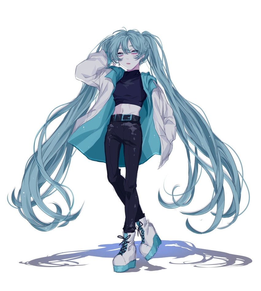 1girl, alternate_costume, bakku_(fspz4427), belt, black_tank_top, blue_eyes, blue_hair, boots