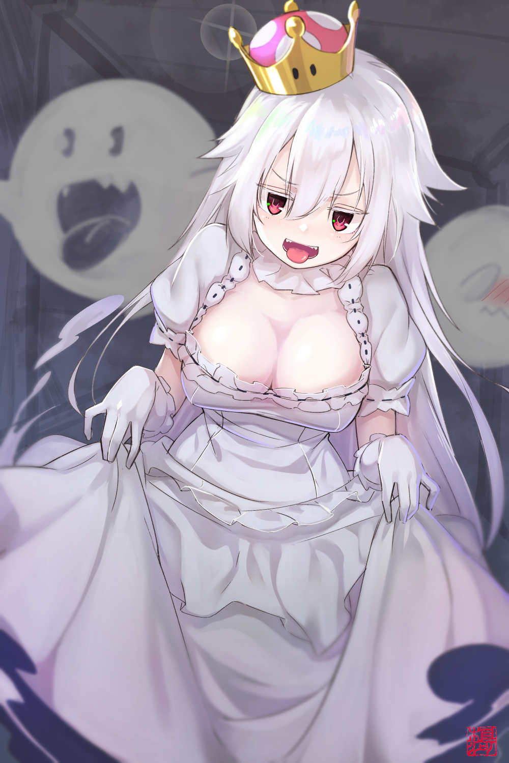 1girl, boo_(mario), breasts, cleavage, cleavage_cutout, clothes_lift, clothing_cutout, crown
