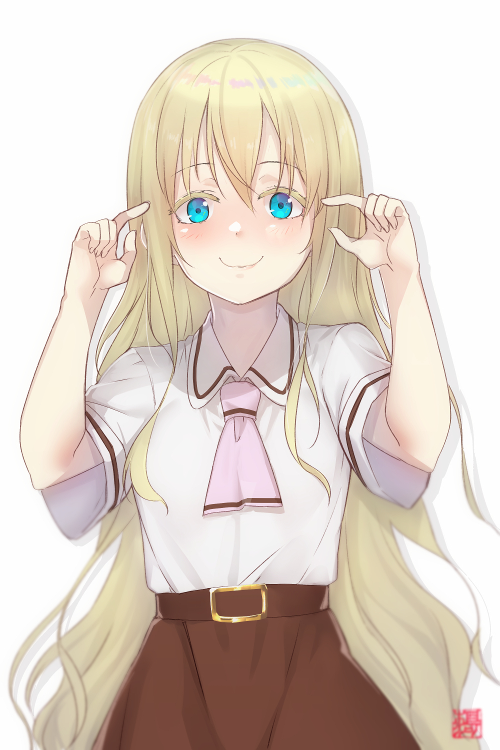 1girl, ascot, asobi_asobase, belt, blonde_hair, blue_eyes, blush, brown_skirt, closed_mouth, female_focus, goemon1110, hair_between_eyes, highres, long_hair, looking_at_viewer, nose_blush, olivia_(asobi_asobase), school_uniform, shirt, short_sleeves, skirt, smile, solo, very_long_hair, wavy_hair, wavy_mouth, white_background, white_shirt