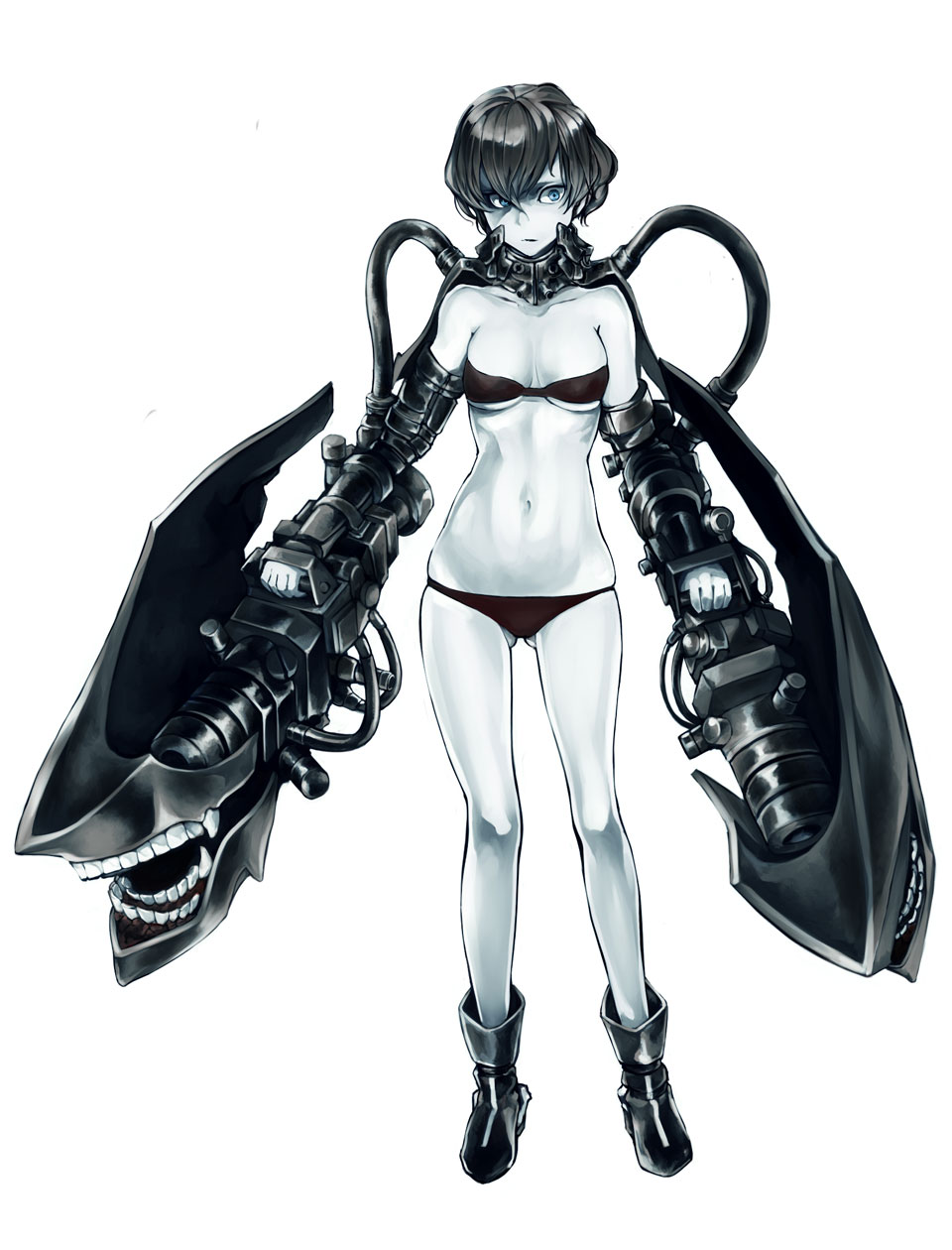 1girl, abyssal_ship, bandeau, black_footwear, black_hair, blue_eyes, breasts, female_focus