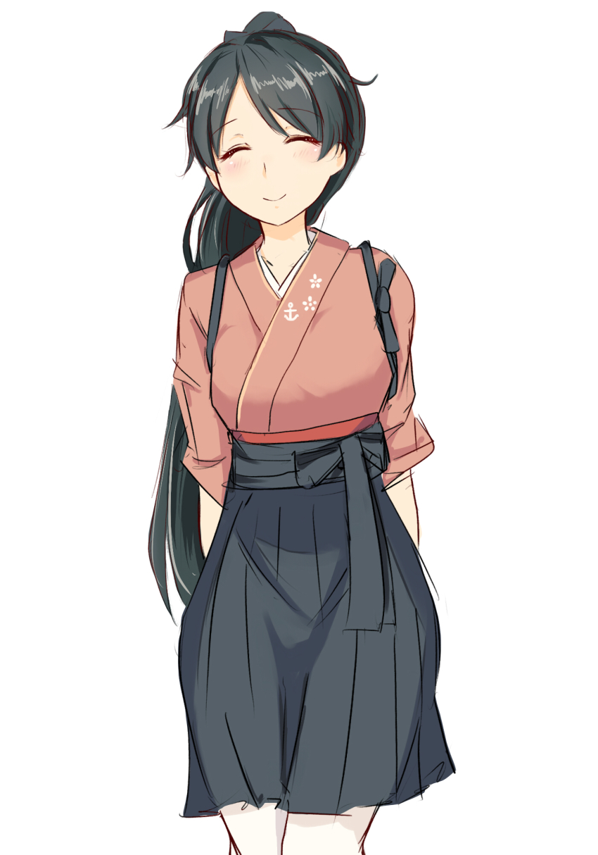 1girl, anchor_symbol, black_hair, blue_hakama, celestea_tera, closed_eyes, female_focus, hakama, hakama_short_skirt, hakama_skirt, highres, houshou_(kancolle), japanese_clothes, kantai_collection, kimono, long_hair, pantyhose, pink_kimono, ponytail, skirt, smile, solo, tasuki