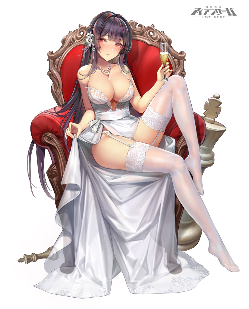 1girl, alcohol, bare_shoulders, blush, breasts, champagne_flute, cleavage, cup