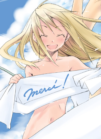 1girl, bad_id, bad_pixiv_id, blonde_hair, closed_eyes, female_focus, french_text, happy