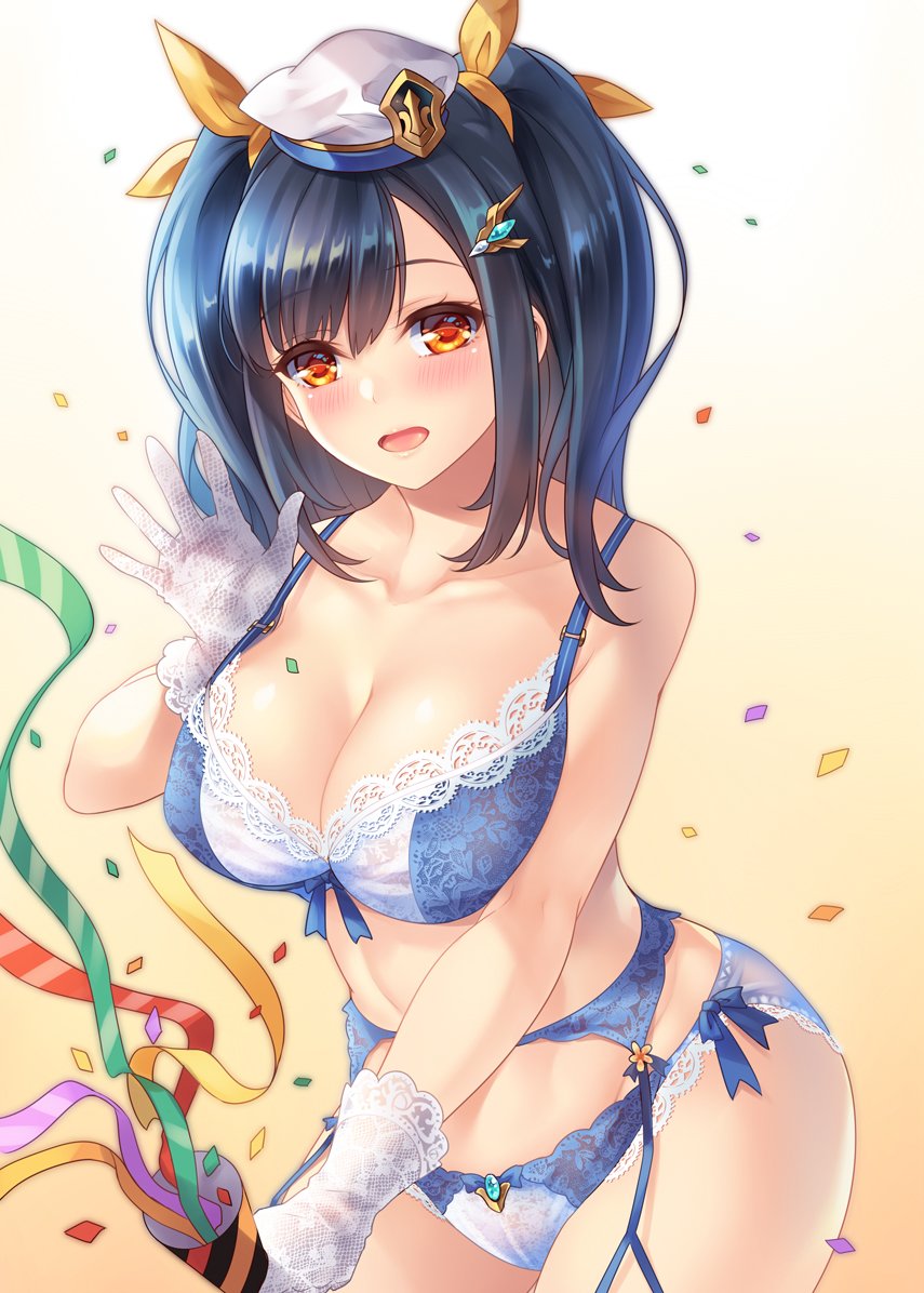 1girl, asymmetrical_bangs, black_hair, blush, bra, breasts, cleavage, cowboy_shot, curvy, elmira_(sennen_sensou_aigis), female_focus, gem, gloves, hair_ornament, hair_ribbon, hairclip, hat, lace, lace-trimmed_bra, lace-trimmed_gloves, lace-trimmed_panties, lace_bra, lace_gloves, lace_panties, lace_trim, large_breasts, lips, long_hair, makirin, navel, orange_eyes, panties, ribbon, ribbon-trimmed_bra, ribbon-trimmed_panties, ribbon_trim, sennen_sensou_aigis, side-tie_panties, smile, solo, twintails, underwear