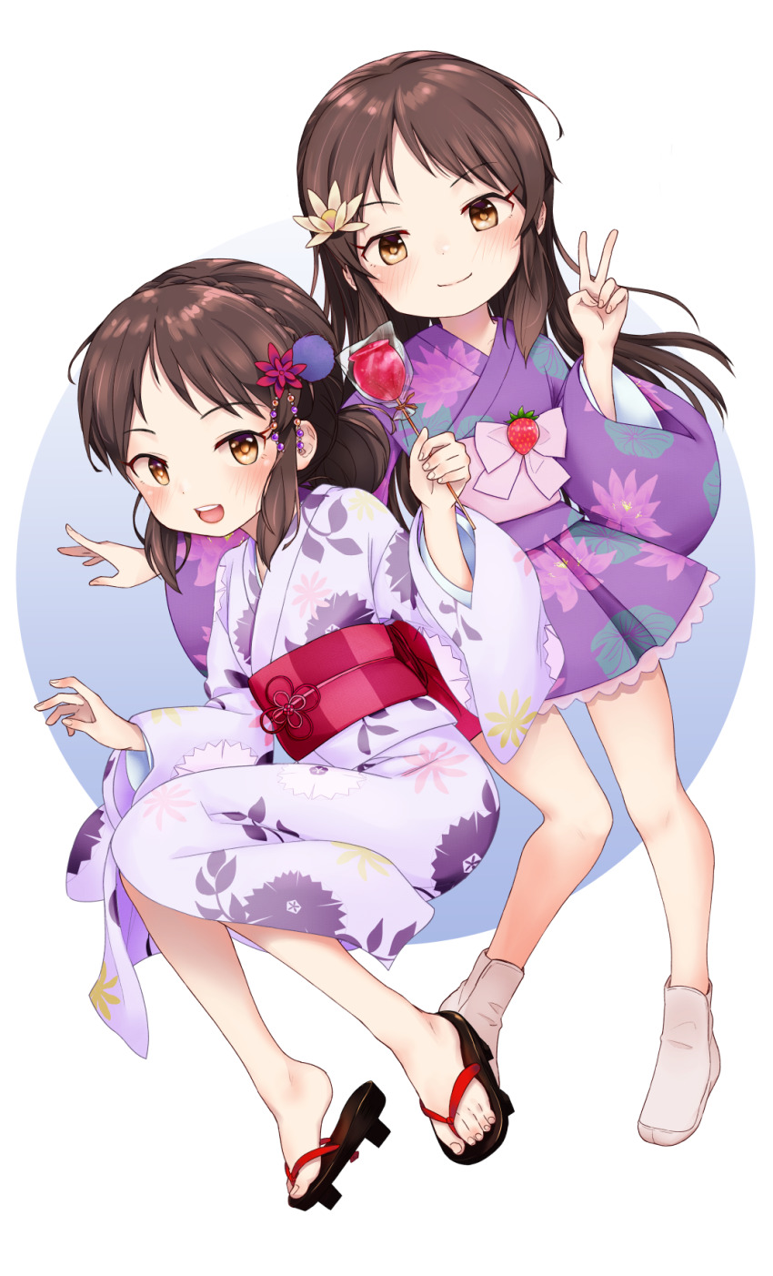 2girls, arm_up, brown_eyes, brown_hair, candy_apple, cinderella_girls_gekijou, dakimakura_(ofin), floral_print
