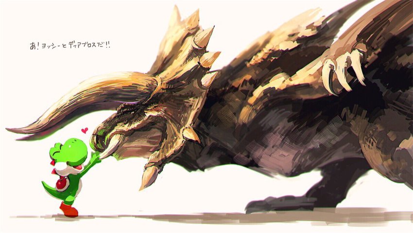 1boy, blue_eyes, capcom, closed_eyes, crossover, diablos, dinosaur, dragon