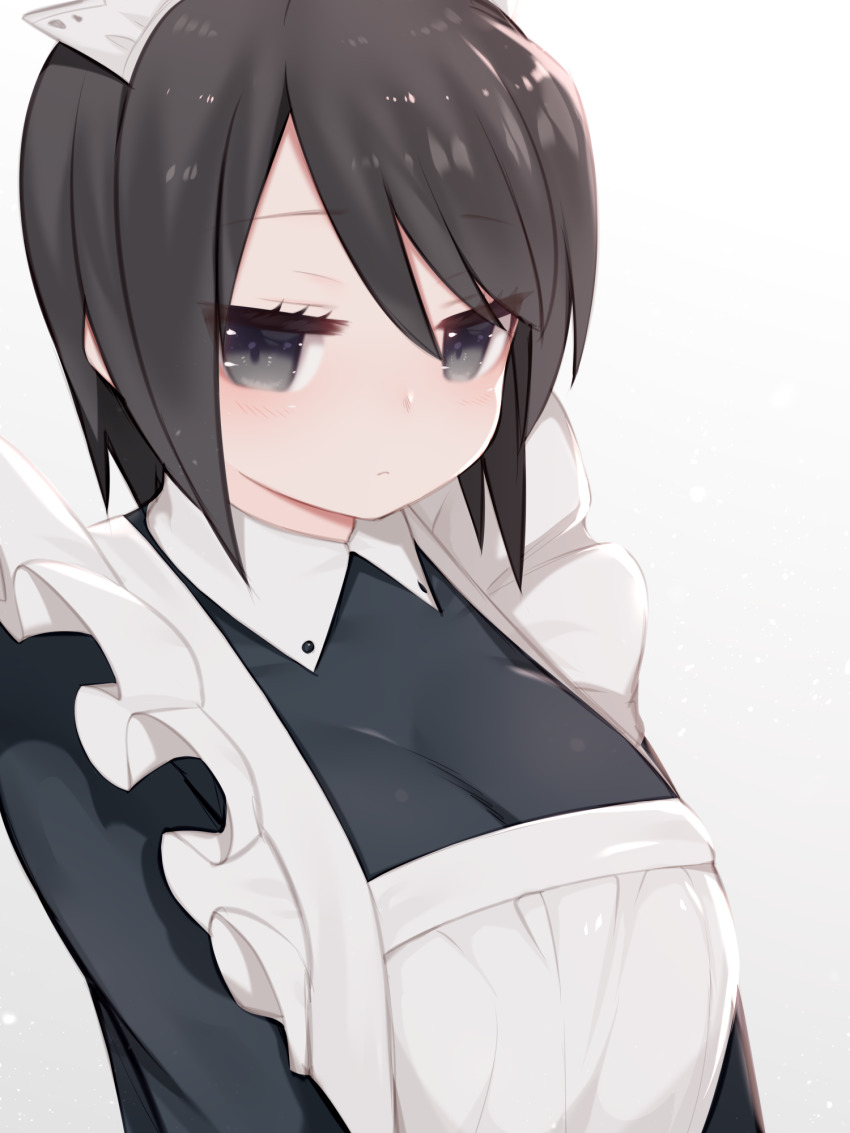 1girl, apron, black_dress, blush, brown_eyes, brown_hair, closed_mouth, collared_dress