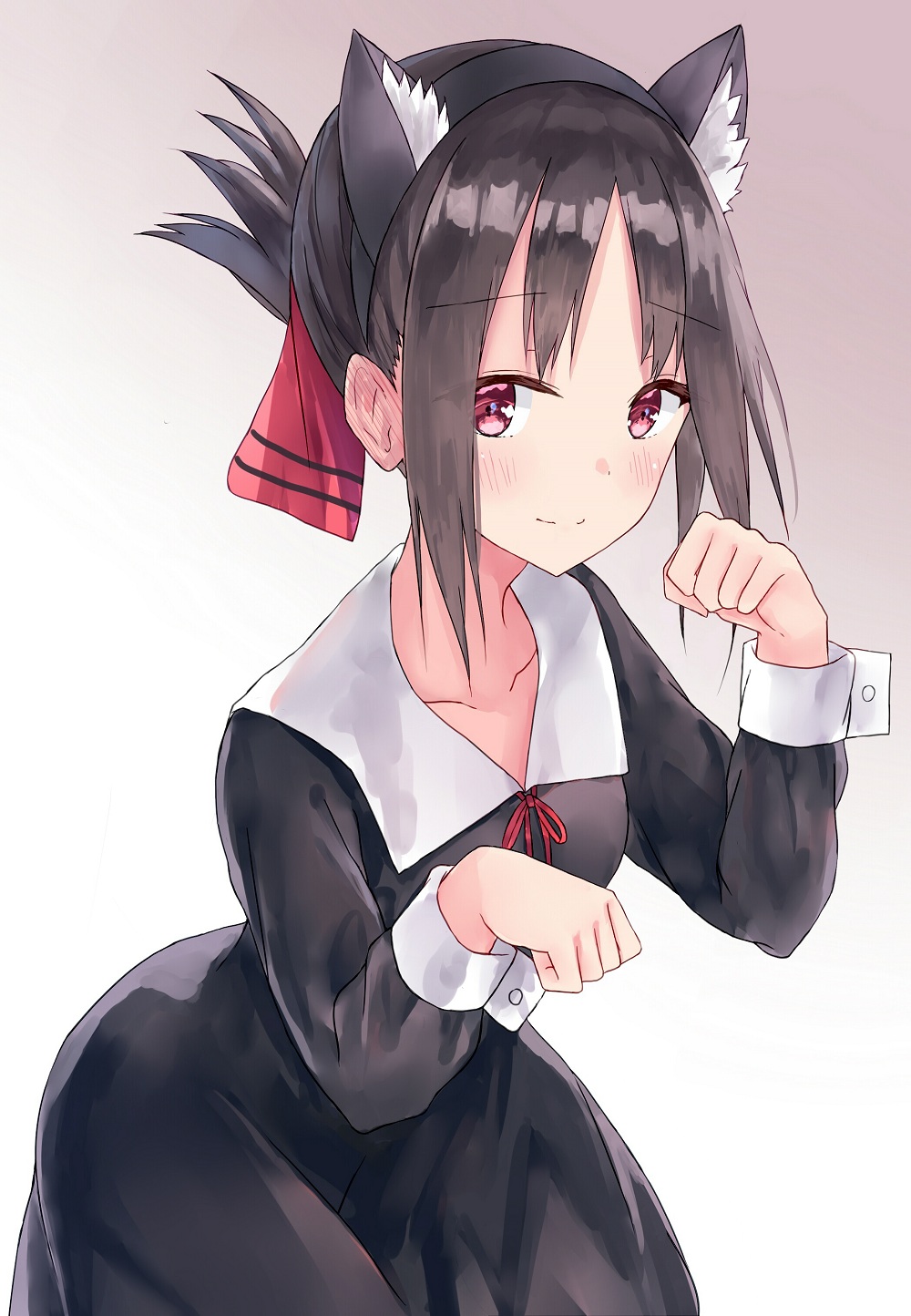 1girl, akaya_(pixiv20545353), animal_ear_fluff, animal_ears, black_dress, black_hair, black_hairband, brown_background, cat_ears, collarbone, collared_dress, commentary_request, dress, fake_animal_ears, female_focus, folded_ponytail, gradient_background, hair_ribbon, hairband, hands_up, highres, kaguya-sama_wa_kokurasetai_~tensai-tachi_no_renai_zunousen~, leaning_forward, long_sleeves, neck_ribbon, paw_pose, red_eyes, red_ribbon, ribbon, school_uniform, shinomiya_kaguya, shuuchiin_academy_school_uniform, sidelocks, solo, white_background