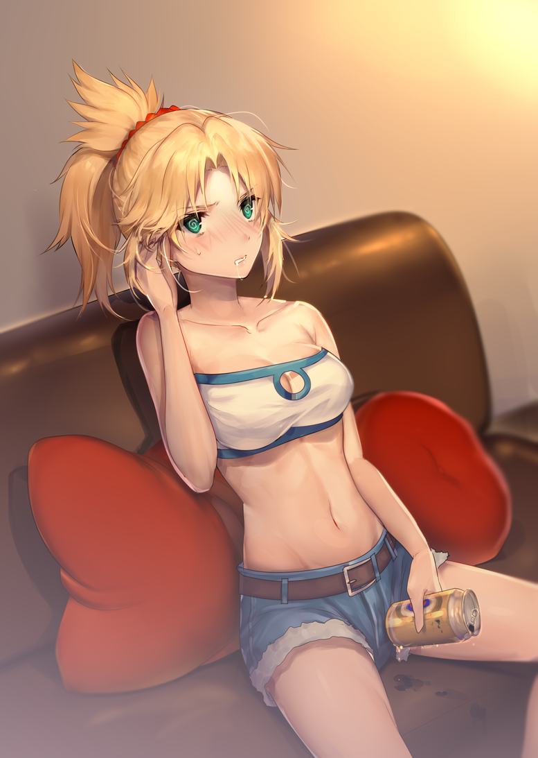 1girl, @_@, bad_id, bad_pixiv_id, bare_arms, bare_shoulders, beer_can, belt