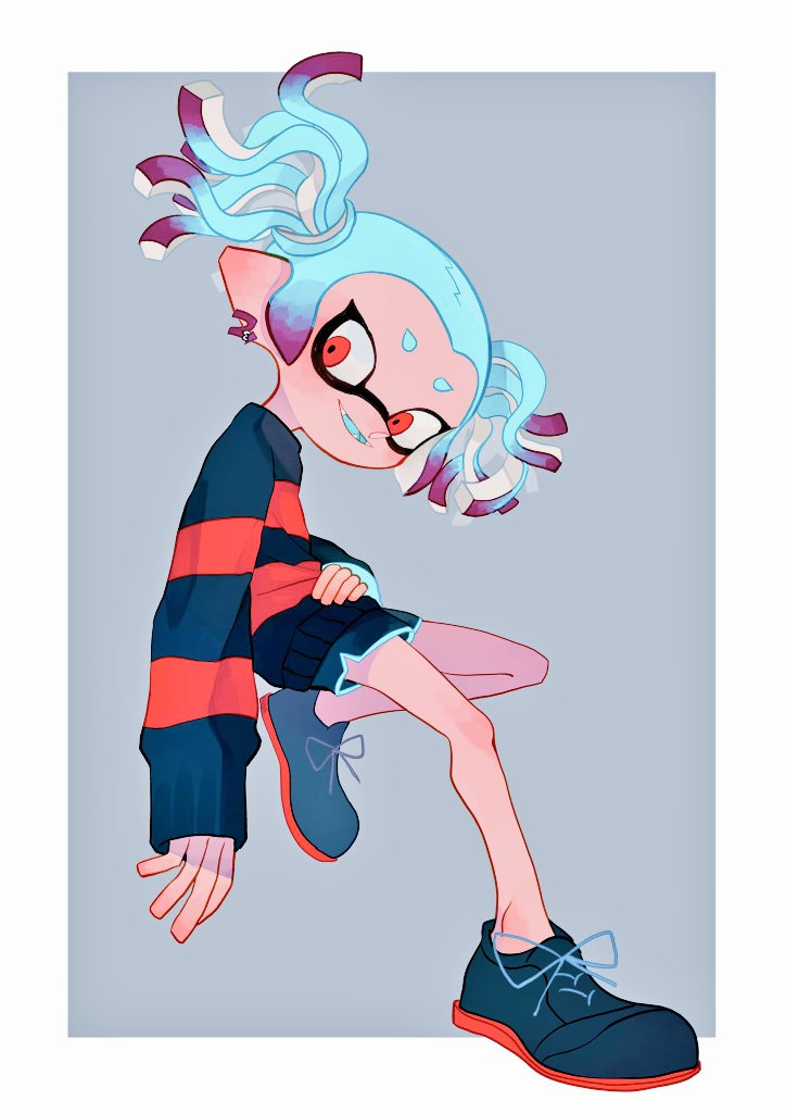 1girl, blue_hair, fangs, grey_background, grin, inkling, inkling_girl, inkling_player_character, jirou_(sdogowikqq3yxwa), multicolored_hair, nintendo, red_eyes, smile, splatoon_(manga), splatoon_(series), splatoon_2, sweater, twintails, x-blood