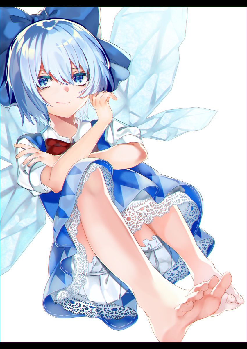 1girl, absurdres, barefoot, bloomers, blouse, blue_dress, blue_eyes, blue_hair
