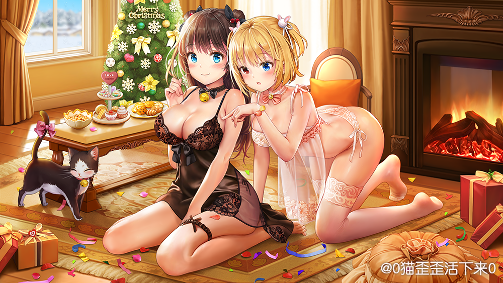 2girls, all_fours, bare_legs, barefoot, bell, between_legs, blonde_hair, blue_eyes
