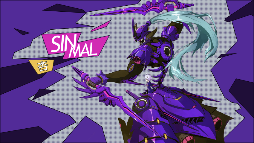 1girl, absurdres, ahoge, character_name, dual_wielding, female_focus, hair_ornament, hairclip, highres, holding, honkai_(series), honkai_impact_3rd, mecha, reverse_grip, richard_yu, robot, short_hair, sin_mal, solo, white_hair