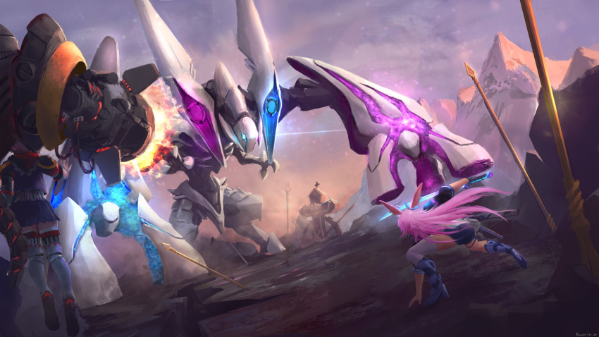 2girls, animal_ears, assaka_(honkai_impact_3rd), bronya_zaychik, bronya_zaychik_(valkyrie_chariot), cannon, dutch_angle, floating, fox_ears, highres, honkai_(series), honkai_impact_3rd, mecha, miniskirt, mountain, multiple_girls, pink_hair, pleated_skirt, polearm, project_bunny, richard_yu, robot, skirt, spear, sword, thighhighs, weapon, yae_sakura, yae_sakura_(goushinnso_memento), zettai_ryouiki