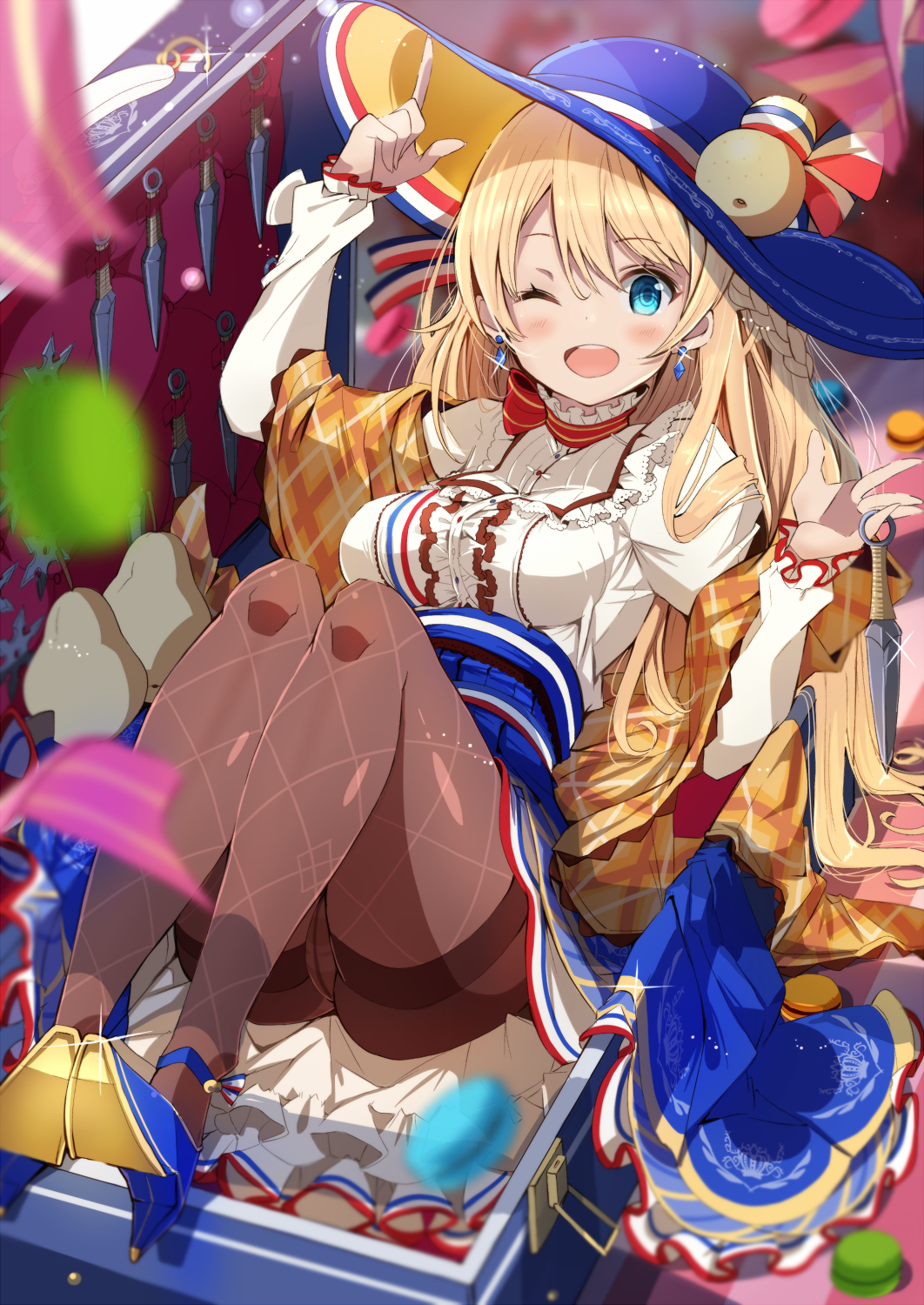 1girl, ;d, adjusting_clothes, adjusting_headwear, bikini, black_pantyhose, blonde_hair, blue_eyes