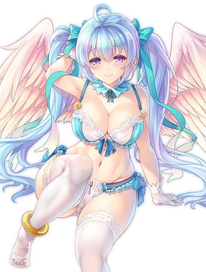 1girl, ahoge, angel_wings, bell, blue_hair, blush, bra, collar, embroidered_bra, embroidered_panties, female_focus, flower_bra, frilled_bra, frilled_collar, frilled_panties, frills, gem, gloves, hair_ribbon, lace, lace-trimmed_legwear, lace-trimmed_panties, lace_trim, light_blue_hair, lips, makirin, miruno_(sennen_sensou_aigis), navel, neck_ribbon, panties, purple_eyes, ribbon, sennen_sensou_aigis, side-tie_panties, sitting, smile, solo, thighhighs, twintails, underwear, white_thighhighs, wings