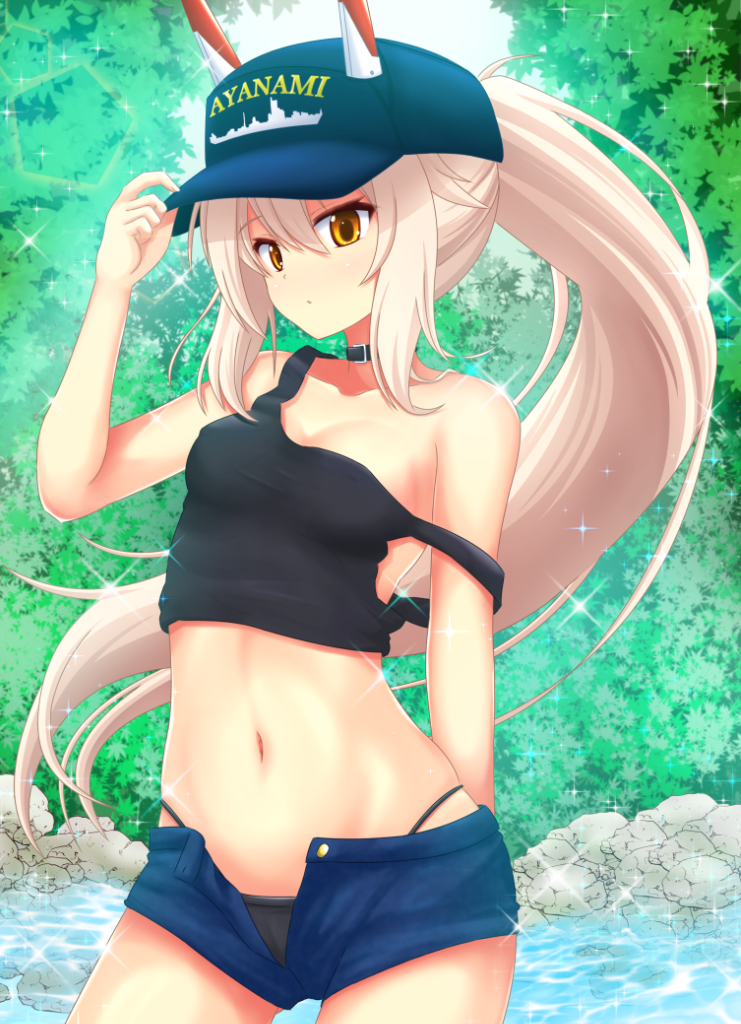 1girl, alternate_costume, arm_up, ayanami_(azur_lane), azur_lane, bare_arms, bare_shoulders, baseball_cap, bikini, bikini_bottom_only, black_bikini, black_tank_top, blue_hat, blue_shorts, blush, breasts, brown_eyes, character_name, closed_mouth, clothes_writing, collarbone, commentary_request, cowboy_shot, day, female_focus, fingernails, hair_between_eyes, hand_on_headwear, hat, headgear, high_ponytail, insider_(pix_insider), light_brown_hair, long_hair, looking_at_viewer, navel, open_clothes, open_fly, open_shorts, outdoors, ponytail, river, short_shorts, shorts, small_breasts, solo, strap_slip, sunlight, swimsuit, tank_top, very_long_hair, water