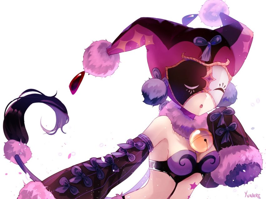 1girl, bare_shoulders, bell, breasts, detached_sleeves, female_focus, fur_trim, hat