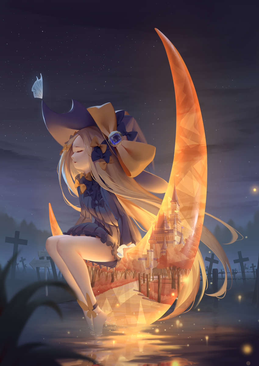 1girl, abigail_williams_(fate), abigail_williams_(first_ascension)_(fate), absurdres, ankle_ribbon, anklet, barefoot, black_bow