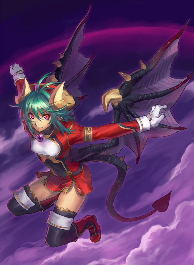 1girl, demon_girl, dragon_girl, dragon_tail, dragon_wings, female_focus, flying, green_hair, horns, ran'ou_(tamago_no_kimi), red_eyes, rukia_moon, shinrabanshou, short_hair, solo, tail, thighhighs, wings