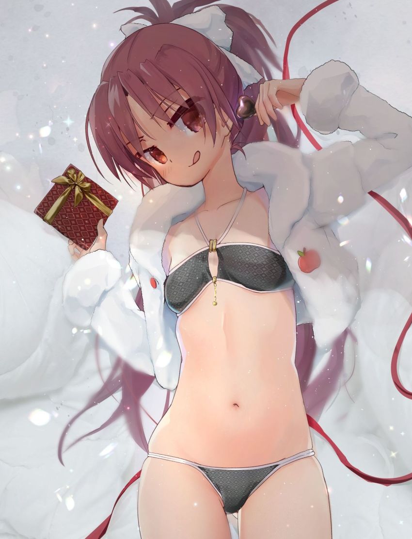 1girl, :q, anshinmama, arm_up, bikini, bikini_under_clothes, black_bikini, bow, breasts, candy, chocolate, chocolate_heart, closed_mouth, collarbone, commentary_request, cowboy_shot, cropped_jacket, female_focus, food, fur_jacket, gift, gluteal_fold, hair_bow, halterneck, head_tilt, heart, highres, holding, holding_food, holding_gift, jacket, long_hair, long_sleeves, looking_at_viewer, mahou_shoujo_madoka_magica, navel, open_clothes, open_jacket, ponytail, purple_hair, red_eyes, sakura_kyoko, sakura_kyoko_(swimsuit_costume), skindentation, small_breasts, smile, solo, sparkle, stomach, swimsuit, tongue, tongue_out, valentine, very_long_hair, white_bow, white_jacket