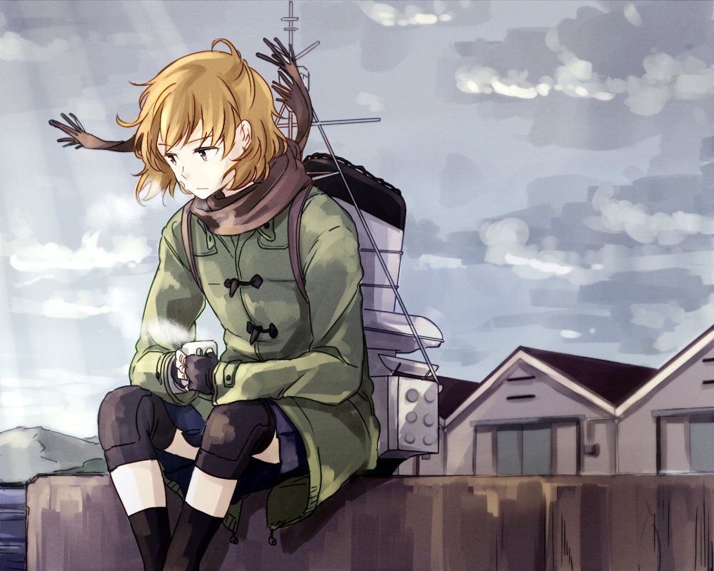 1girl, bandaid, bandaid_on_face, breath, coat, kantai_collection, knee_pads, light_rays