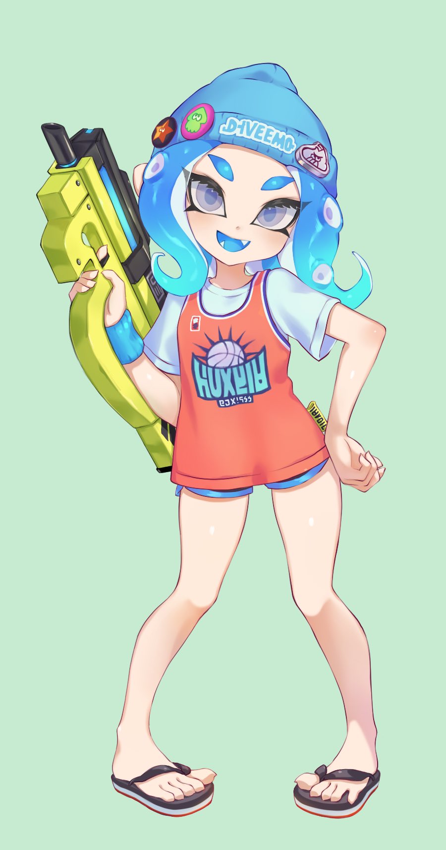 1girl, :d, badge, basketball_jersey, beanie, black_sandals, black_shorts, blue_hair, blue_hat, button_badge, dolphin_shorts, eyes_visible_through_hair, fang, female_focus, finger_on_trigger, flip-flops, full_body, green_background, grey_eyes, hat, hero_shot_(splatoon_2), highres, holding, jersey, jtveemo, legs_apart, long_hair, looking_at_viewer, nintendo, octoling, octoling_girl, octoling_player_character, open_mouth, pigeon-toed, sandals, shirt, short_shorts, short_sleeves, shorts, smile, solo, splatoon_(series), splatoon_2, squid, standing, star_(symbol), suction_cups, t-shirt, tentacle_hair, white_shirt, wristband