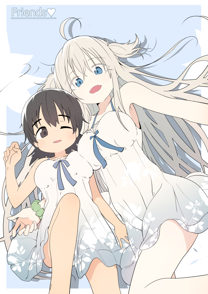 2girls, absurdres, ahoge, blonde_hair, blue_eyes, blush, breasts, brown_eyes