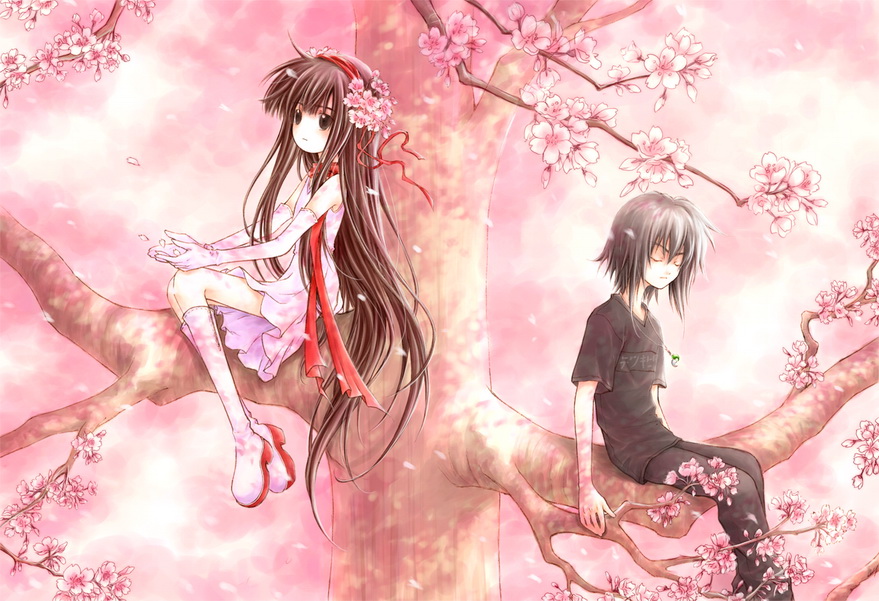 1990s_(style), 1boy, 1girl, allen_(artist), bad_id, bad_pixiv_id, black_hair, boots, dress, elbow_gloves, flower, gloves, hair_flower, hair_ornament, houshin_engi, joka_(houshin_engi), jyoka, knee_boots, taikoubou, aged_down