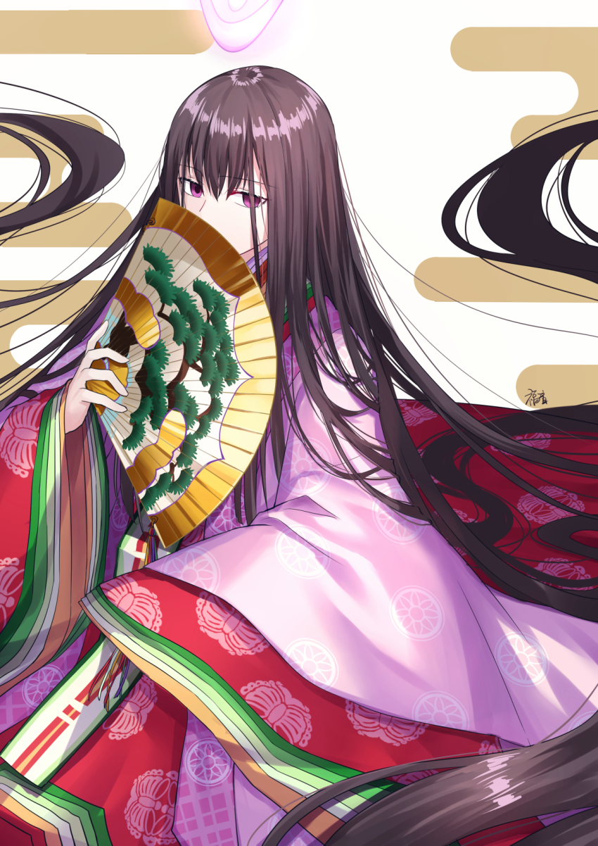 1girl, absurdly_long_hair, brown_hair, commentary_request, covered_mouth, egasumi, fate/grand_order, fate_(series)