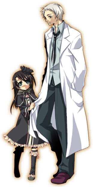 00s, 1boy, 1girl, akiduki_(edss), akizuki_(edss), black_hair, blue_eyes, bow, brother_and_sister, frills, goth_fashion, gothic_lolita, hat, katou_hisataka, kizaki_emi, kurogane_no_linebarrel, lab_coat, lolita_fashion, long_hair, necktie, shirt, siblings, white_hair