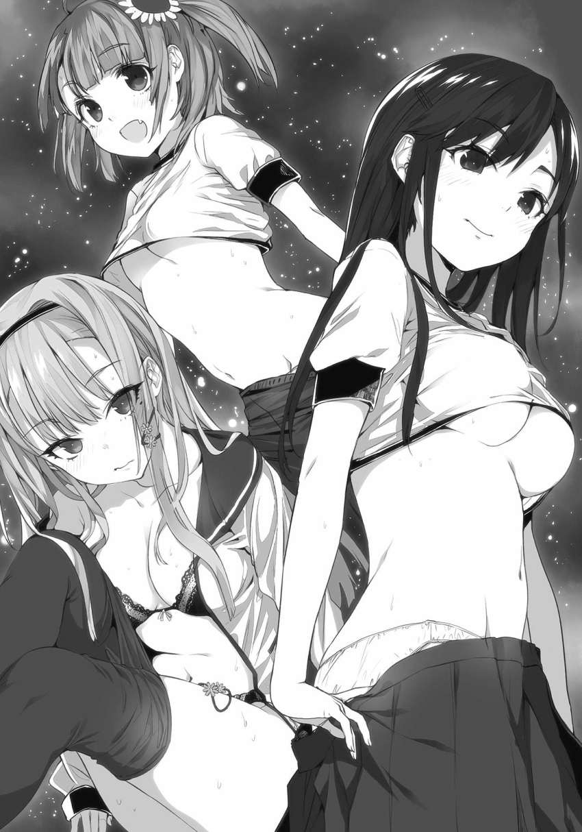 3girls, :d, akino_sakura_(oresuki), bra, breasts, buriki, cleavage, clothes_lift