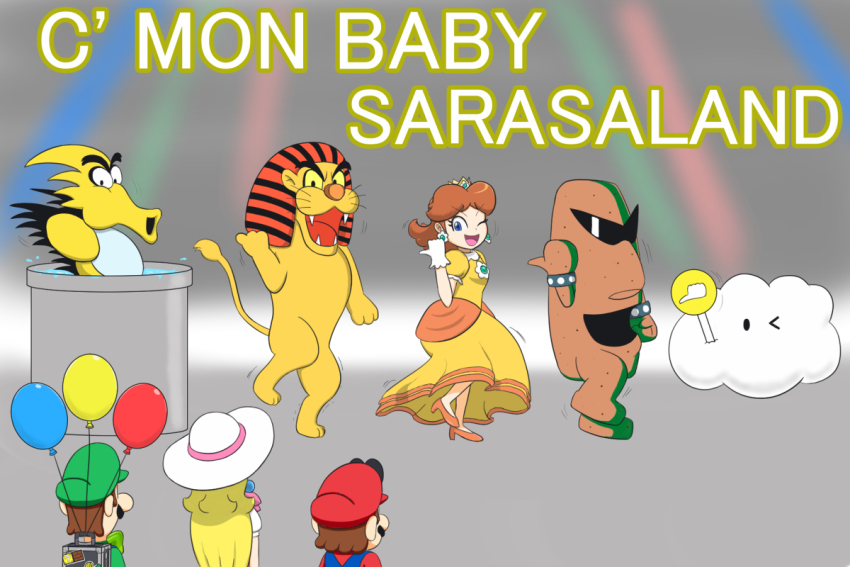 2boys, 2girls, balloon, biokinton, blonde_hair, blue_eyes, brown_hair, cloud