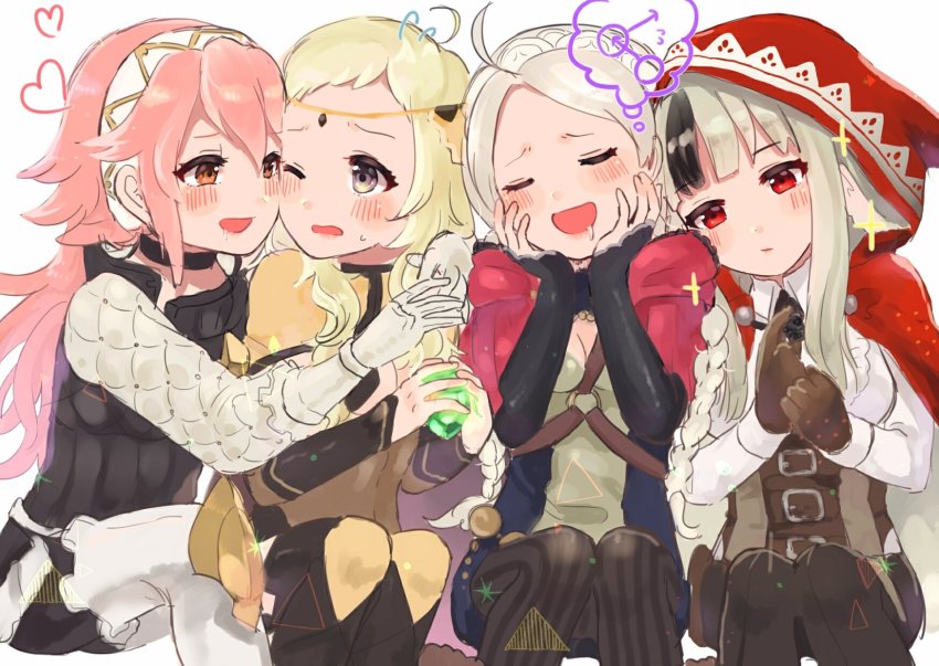 4girls, animal_ears, black_hair, blonde_hair, braid, bridal_gauntlets, brown_gloves, chest_harness