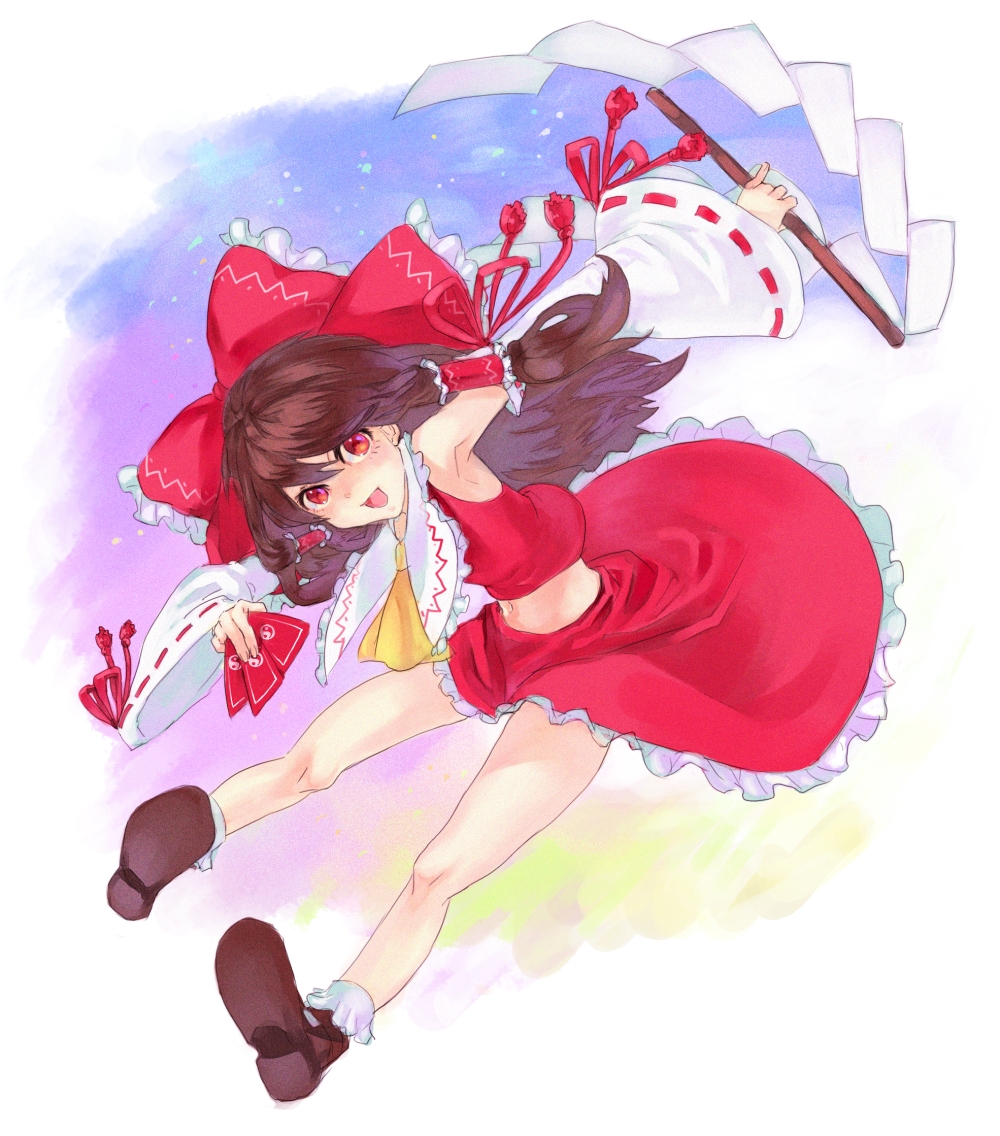 1girl, armpits, bad_id, bad_pixiv_id, bow, brown_hair, detached_sleeves, female_focus