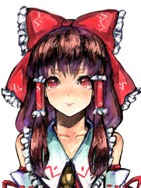 1girl, bad_id, bad_pixiv_id, bow, brown_hair, collarbone, detached_sleeves, female_focus