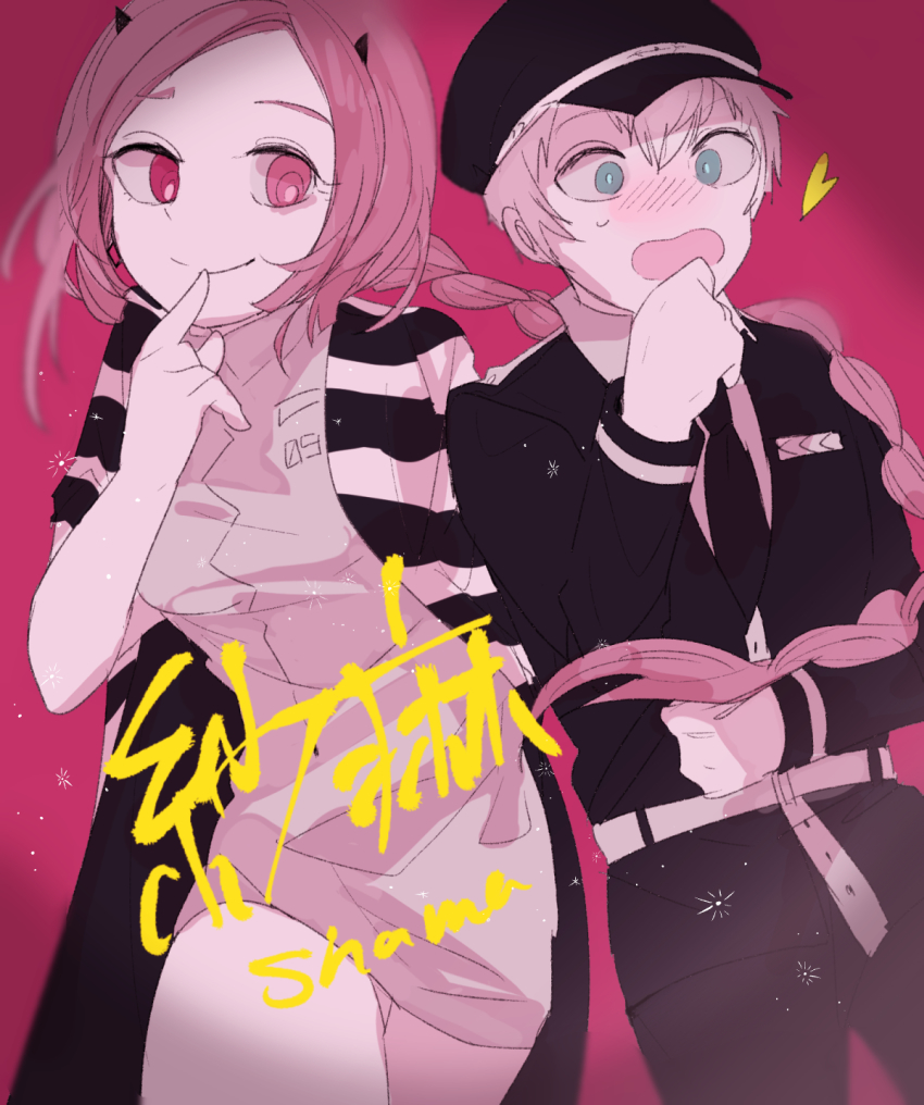 12longhappy, 2girls, androgynous, blue_eyes, blush, braid, butch/femme_couple, claypool_(shama)