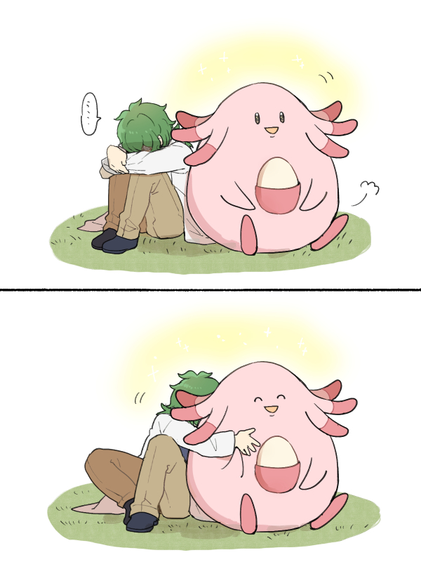 1boy, brown_pants, chansey, closed_eyes, egg, gen_1_pokemon, grass, green_hair
