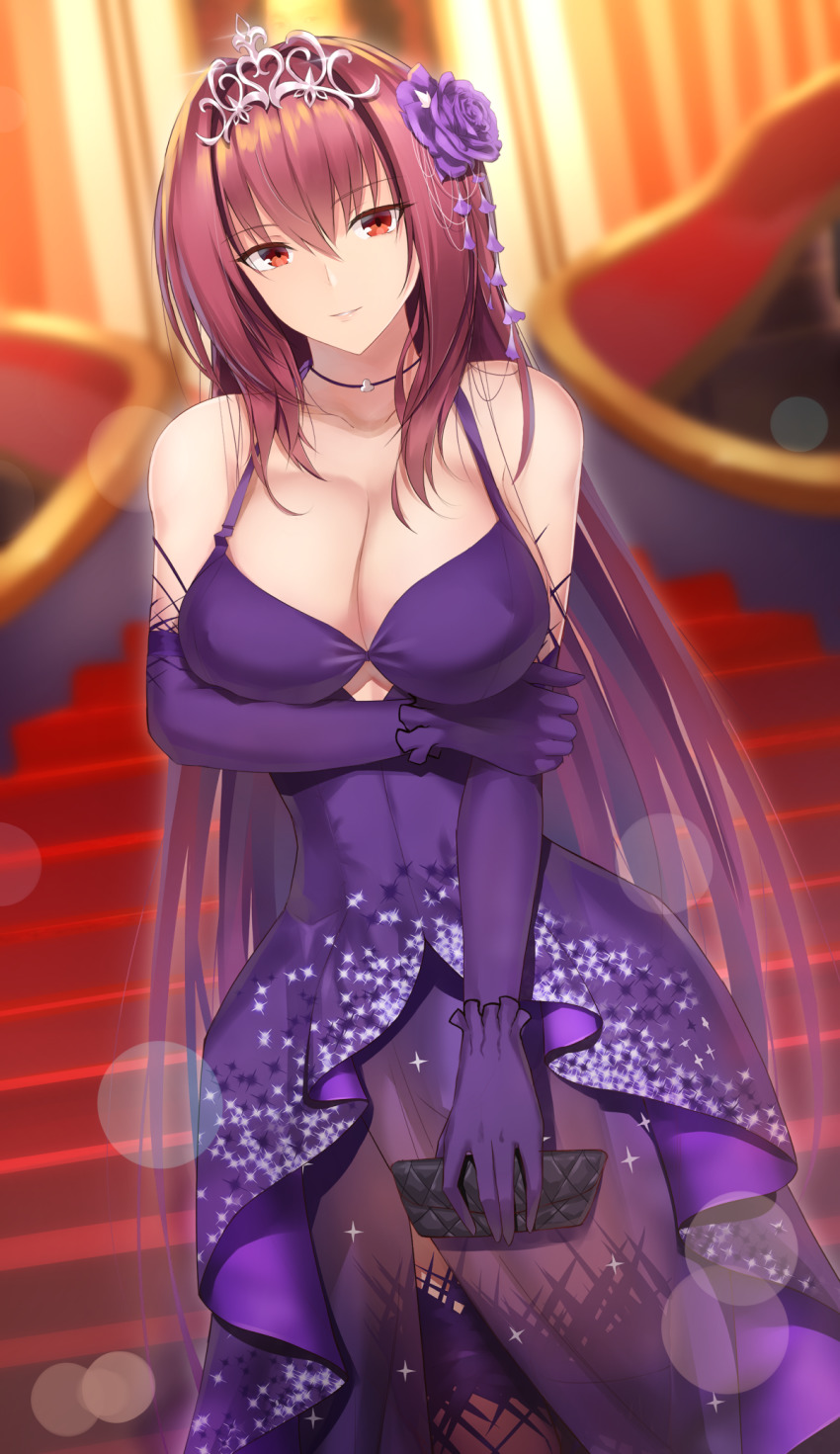 1girl, arm_under_breasts, bare_shoulders, blurry, blurry_background, breasts, cleavage, closed_mouth