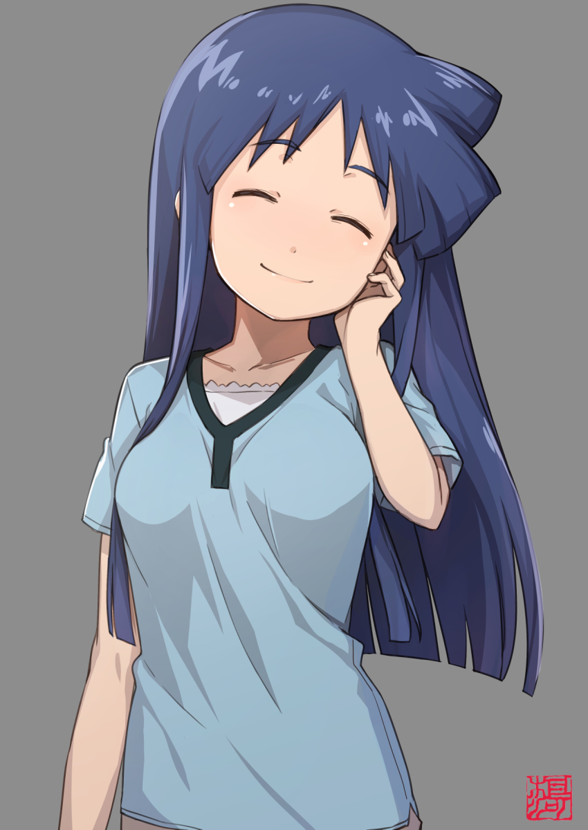 1girl, aizawa_chizuru, black_background, blue_hair, blue_shirt, closed_eyes, facing_viewer, female_focus